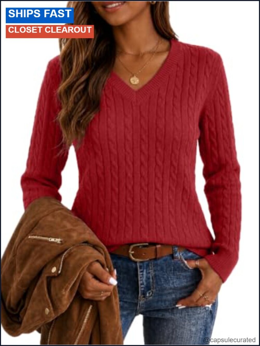 Hilogo Women's Cable Knit V-Neck Pullover Sweater Fitted Cotton